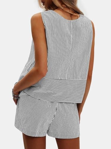 EXLURA Women's Summer 2 Piece Outfits Sleeveless Tank Top Matching Shorts Sets Cotton Striped Sweatsuits Vacation Beach 2025 - Image 4