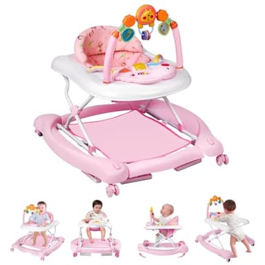 Baby Walker, 5 in 1 Baby Walkers for Boys Girls 6-12 Months, Foldable Walkers for Babies with Bouncer & Feeding Tray, Music, Adjustable Heights, Activity Walker for Infant - Image 1