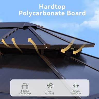 Aoxun 10'x12' Hardtop Gazebo, Aluminum Frame Permanent Pavilion with Curtains and Netting, Outdoor Polycarbonate Gazebo, Double Roof Canopy, for Gardens, Patios, Lawns - Image 8