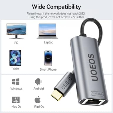 USB C to Ethernet Adapter, 2.5Gbps USB C to RJ45 Ethernet Converter, Thunderbolt 4/3 Compatible, 2.5G Ethernet Adapter for MacBook, iPhone 15/16 Pro Max, XPS, Surface, iPad Pro - Space Gray - Image 6