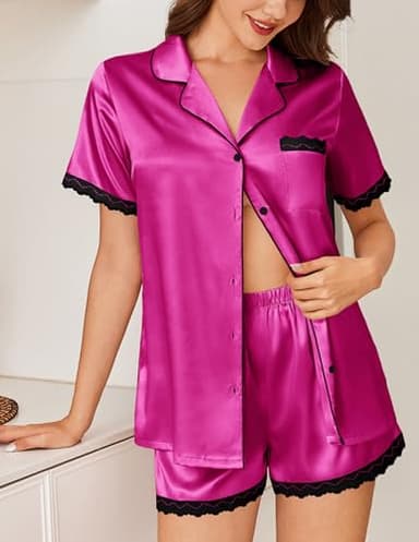 Ekouaer Satin Pajama Set for Women Button Down Lounge Set Silk Lace Pjs Sexy Sleepwear 2 Piece,X-Large Rose Red - Image 3