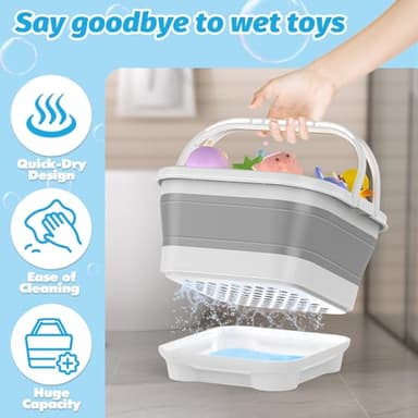 Anivia Foldable-Bath-Toy-Storage-Organizer, Bath Toy Holder with Base, Quick-Drain-Drying Bathtub Toy Storage/Basket, Stand Up Bathroom Shower Toys Holder for Kids - Gray - Image 2