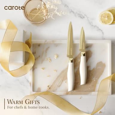 CAROTE 12PCS Kitchen Knife Set, Healthy Gold Titanium Coating Knife Set, Dishwasher Safe with 6 Blade Guards, Rustproof Stainless Steel Cutlery Set, White and Gold - Image 7