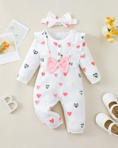 Mioglrie Baby Girl Clothes 6-12 Month Newborn Jumpsuit Infant One Piece Outfits Girls Summer Button Ruffle Romper Cute Heart Pink Bodysuits - Image 2
