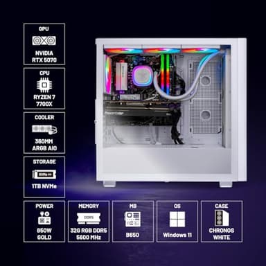 Skytech Gaming Chronos 3 Desktop PC, Ryzen 7 7700X 4.5 GHz (5.4GHz), NVIDIA RTX 5070 12GB, 1TB NVMe SSD, 32GB DDR5 RAM 5600 RGB, 850W Gold PSU, 360mm ARGB AIO, Wi-Fi, Win 11 - Image 6