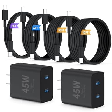 QZIIW Super Fast Samsung Charger Type C,45W Dual Port USB C Fast Charger Block [2-Pack] & Extra Long 60W 3/6/10/10FT USB C Cable - PD Quick Charging 3.0 For Samsung Galaxy S25 Ultra/S24+/S23 iPhone 16 - Image 1
