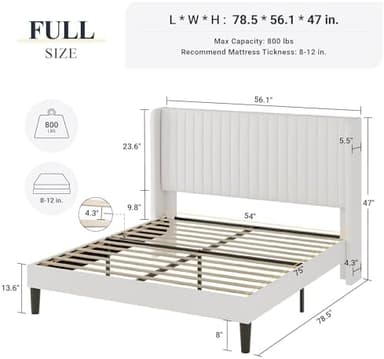 Allewie Full Size Velvet Bed Frame/Vertical Channel Tufted Wingback Headboard/Upholstered Platform Bed/Strong Wooden Slats/No Box Spring Needed/Easy Assembly/White - Image 4