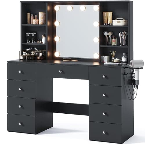 LINSY HOME Vanity with Storage, Black Makeup Vanity with Mirror and Lights, 47" Make Up Vanity Desk with Drawers, Shelves & Charging Station, Modern Large Vanity Table for Bedroom, Women, Girls - Image 1