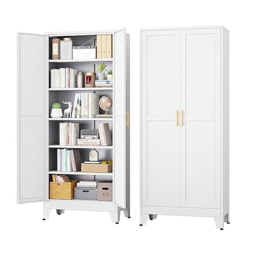 RISTERN White Metal Storage Cabinet,75" Steel Cabinets for Home Office, Kitchen Pantry Storage Cabinet with Doors and 5 Adjustable Shelves, Tool Cabinets, for Office, Home, Garage, School - Image 1
