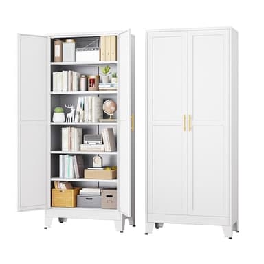 RISTERN White Metal Storage Cabinet,75" Steel Cabinets for Home Office, Kitchen Pantry Storage Cabinet with Doors and 5 Adjustable Shelves, Tool Cabinets, for Office, Home, Garage, School - Image 1