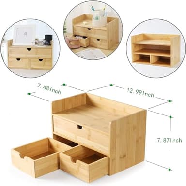 Wisuce Bamboo Desk Organizer, Mini Desktop Drawer Tabletop Storage Organization Box for Office Home Toiletries Supplies Vanity, No Assembly Required (3 Drawer with Shelf) - Image 3