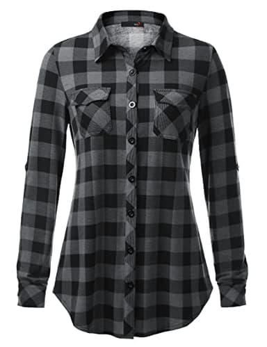 DJT Womens Soft Stretchy Knit Plaid Shirts Roll Up Long Sleeve Collared Button Down Blouses Tops XX-Large Black Plaid - Image 2