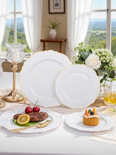 WDF 60pcs Gold Plastic Dinner Plates -10.25inch Baroque White and Gold Wedding Plates Fancy Heavy Duty Fall Plastic Plates for Upscale Thanksgiving Parties & Wedding & Birthday - Image 8