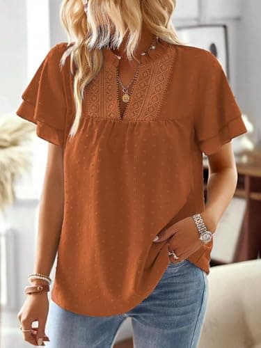 Falechay Plus Size Tops for Women Dressy Casual Short Sleeves Western Womens Blouses V Neck Ruffle Sleeve Summer Shirts Business Cute Swiss Dot Boho Top Bohemian Flowy Shirt Caramel 4XL - Image 2