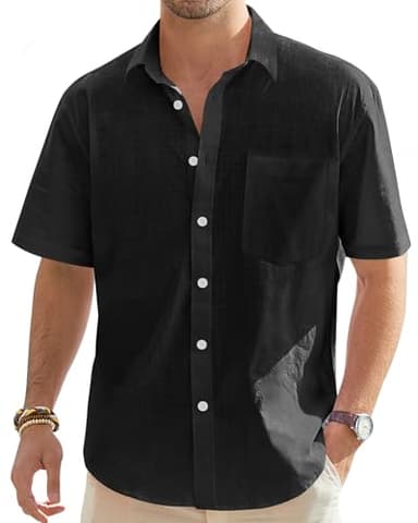 J.VER Linen Shirts for Men Beach Vacation Button Down Short Sleeve Untucked Dress Shirt Cotton Big and Tall Wedding Tops Black 5XL - Image 1