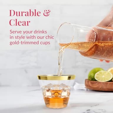 Prestee 100-Pack 9oz Gold Rimmed Plastic Cups Disposable Wine Glasses for Charcuterie, Weddings, Parties, and Events - Elegant Cocktail and Drinking Cups for Champagne, Martini, and Mocktails - Image 2