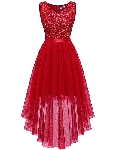BeryLove Homecoming Dresses for Teens Sequin Dress Vintage A Line Wedding Formal Swing Tulle Dress Sleeveless Cocktail Midi Dress S003 Red 2XL - Image 1