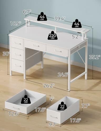 Seventable Computer Desk with Power Outlets & LED Light, 39 inch Home Office Desk with 5 Drawers, Writing Desk with Monitor Stand, Work Desk for Home Office, White - Image 3
