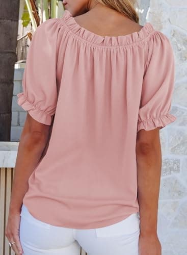 EVALESS Spring Tops for Women Trendy 2025 Business Casual Outfits Summer Short Sleeve T Shirts Sexy Off The Shoulder Blouses Work Clothing Pleated Peplum Tunic Tops Womens Pink Shirts, Large - Image 4
