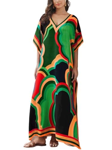 IMAGEKOPE Women's Plus Size Loose Fit Moroccan Print V-Neck Batwing Kaftan Beach Dress Bathing Suit Cover Up - Image 1