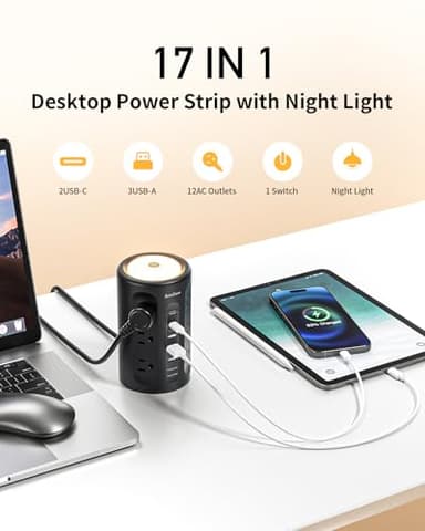 AnnTane Power Strip Tower with Night Light, Power Strip Surge Protector with USB Ports, Extension Cord 10 FT with Multiple Outlets (12AC+3A+2C) for Home Office Desk DormRoom (Black) - Image 2