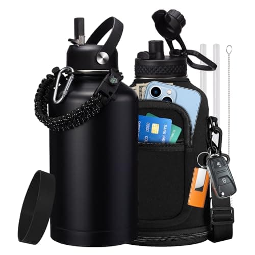 64 oz Insulated Water Bottle with Straw & Auto Spout Lids, Paracord Handle, Half Gallon Waterbottle Strap Carrier & Protective Boot, Wide Mouth Metal Canteen Thermo Mug, Leak-proof Sports Black Jug - Image 1