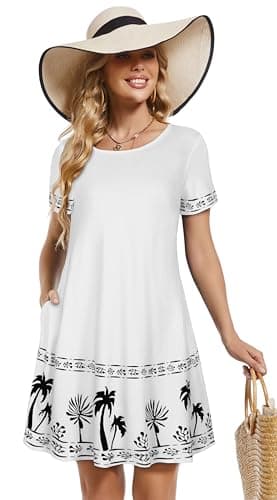 Sun Dresses for Women Casual Summer Pockets Short Sleeve Dress Scoop Neck Beach Cover Ups(White Tree, L) - Image 3