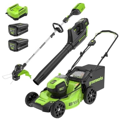 Greenworks 80V 21” Brushless (Push) Cordless Electric Lawn Mower + (500 CFM) Axial Leaf Blower + 13” String Trimmer (75+ Compatible Tools), (2) 2.0Ah Batteries and 30 Minute Rapid Charger - Image 1