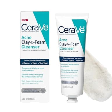 CeraVe Clay To Foam Acne Face Wash, Multi-Use Salicylic Acid & Kaolin Clay Acne Spot Treatment Clears Pimples & Blackheads, Prevents Breakouts, Hydrates & Soothes, Fragrance-Free, Non-Comedogenic, 4oz - Image 1