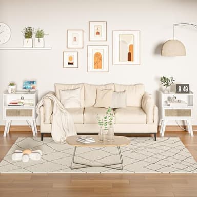 Lerliuo Rattan Nightstands Set of 2 with Charging Station, White Bedside Table with Drawer Open Shelf, Cane Accent Side End Table with Solid Wood Legs, Night Stand for Bedroom, Dorm and Small Spaces - Image 2