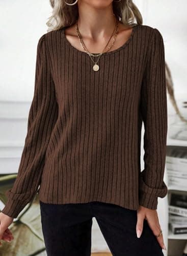 Samefar Ladies Tunics or Tops to Wear with Leggings Long Sleeve Sweater Tops for Women Basic Solid Soft Womens Shirts Blouses Brown Medium - Image 5