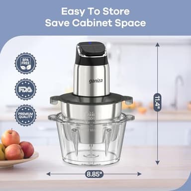 Ganiza Food Processor, 2-Speed Food Chopper Meat Grinder with 8 Cup Stainless Steel & 8 Cup Glass Bowls, Upgraded Button & Smart Overheat Protection Light - Includes Clean Brush, 2 Sets of Blades - Image 8
