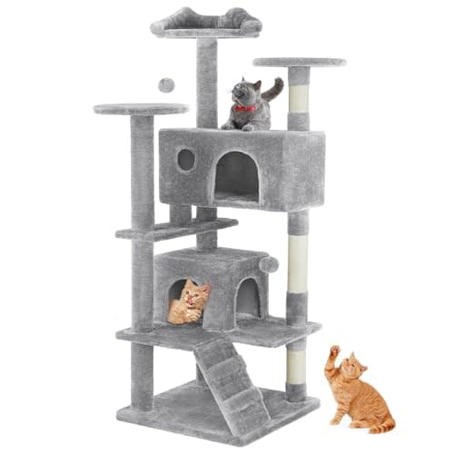 Sweetcrispy 54 Inch Cat Tree Tower, Multi-Level with Cat Scratching Post, Indoor Cat Condo with Climbing Ladder, Plush Toy, Play House for Cat, Light Grey - Image 1