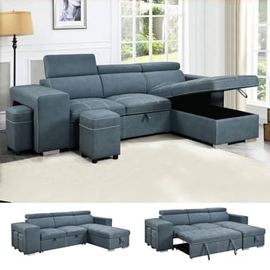 THSUPER 102'' Microfiber L Shaped Sectional Sleeper Sofa Couch with Pullout Bed and Storage Chaise, Convertible Couches with Adjustable Headrest for Living Room, Reversible Chaise. Navy Blue - Image 1