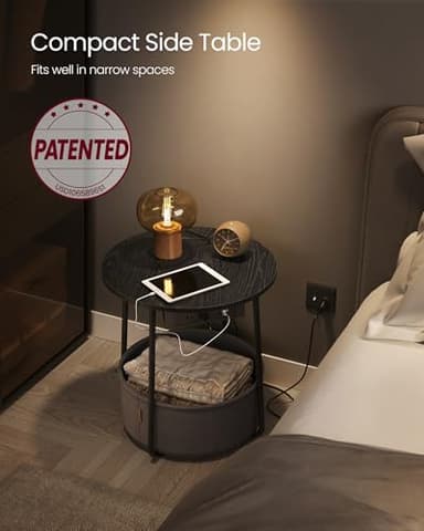 VASAGLE LILEA Collection - Side Table with Charging Station, Round End Table with Fabric Basket, Nightstand with USB Ports, for Living Room, Bedroom, Modern, Ebony Black and Slate Gray ULET228B01 - Image 3