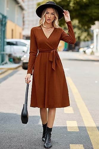 Newshows Womens 2025 Fall Dresses Teacher Church Business Casual Work Outfits Knit Midi Sweater Pockets Belt Dress(Caramel, L) - Image 5