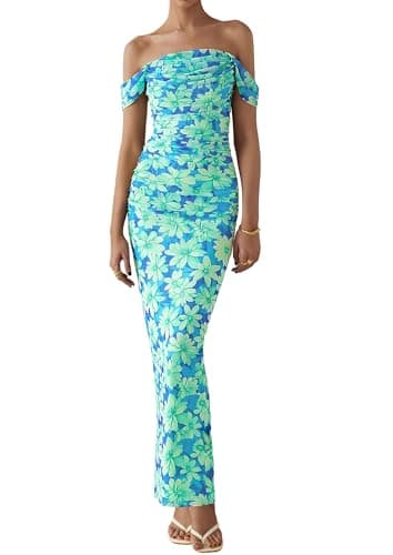 PRETTYGARDEN Maxi Dresses for Women 2025 Summer Elegant Floral Off Shoulder Ruched Mesh Cocktail Wedding Guest Dress (Light Green Daisy,Medium) - Image 8