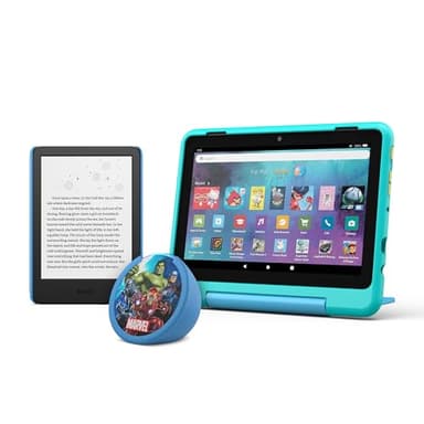 Amazon Kids Entertainment Device Bundle Including Fire HD 8 Kids Pro Tablet (32GB, Hello Teal) + Kindle Kids (16GB, Space Whale) + Echo Dot Kids (Avengers) - Image 1