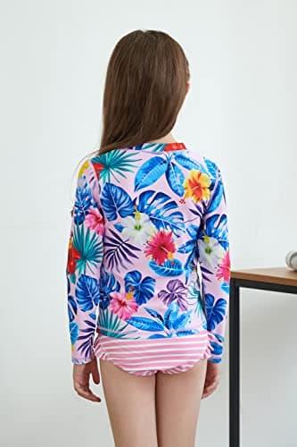 UMELOK Girls Rashguard Swimsuit Long Sleeve Bathing Suit Pink, Hibiscus 10 - Image 3