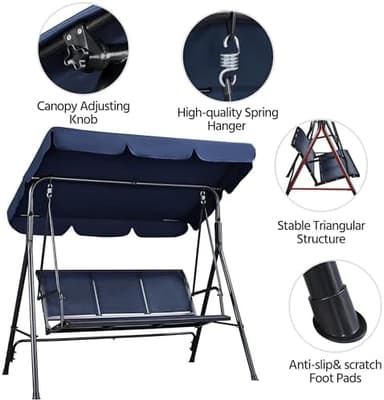 Yaheetech Outdoor Porch Swing Chair for Adults, 3-Seat Patio Sunset Hanging Swing w/Texteline Fabric & Adjustable Canopy & Armrests, Canopy Lounge Chair for Backyard/Garden/Balcony, Blue - Image 5
