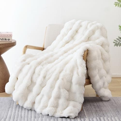 Smoofy Faux Fur Throw Blanket for Couch – Cream White Fluffy Cozy Rabbit Fleece, Plush Soft Bubble Blanket for Sofa & Bed, for Mom, Warm Fuzzy Home Room Decor Throw 50" x 60" - Image 1