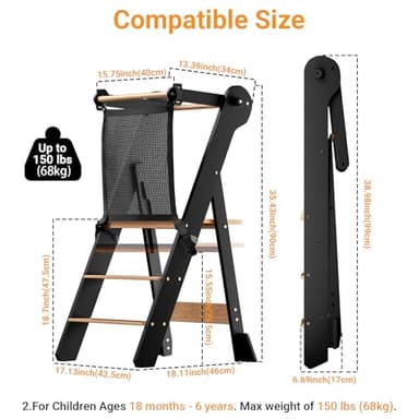 COSYLAND Foldable Toddler Standing Tower - Adjustable Height Folding Step Stool Kid Toddler Kitchen Stool Helper for Learning and Cooking - Ages 18 Months to 6 Years with safety Net Natural & Charcoal - Image 7