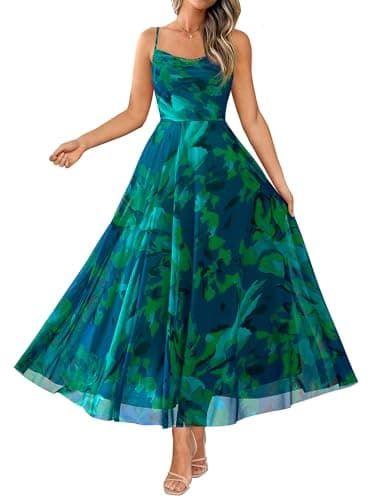 BTFBM Women Summer Floral Maxi Dresses Elegant Spaghetti Strap Dress Printed Party Dress Beach Long Dresses(Floral Green,Large) - Image 1