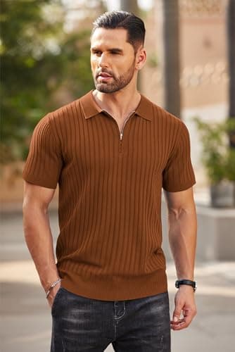 COOFANDY Men's Zipper Polo Shirts Short Sleeve Ribbed Knit Polo T Shirts Fashion Casual Golf Shirts Brown - Image 2