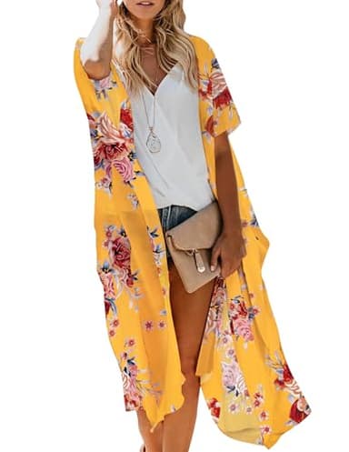 Kimonos for Women Casual Swimsuit Coverup Lightweight Boho Kimono Cardigans for Summer Floral Beach Bathing Suit Yellow Medium - Image 1