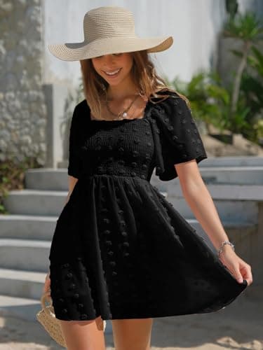 EXLURA Women's 2025 Summer Casual Square Neck Dresses Ruffle Short Sleeve Swiss Dot Flowy Mini Dress Black - Image 3