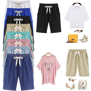 XinYangNi Women's Elastic Waist Casual Comfy Cotton Linen Beach Shorts with Drawstring Knee Length Curling Bermuda Shorts Black US XL - Image 6