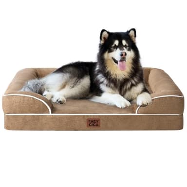 EHEYCIGA Orthopedic XL Dog Beds, Waterproof Memory Foam Dog Bed for Extra Large Dogs, Non-Slip Bottom and Egg-Crate Foam Big Pet Couch Bed with Washable Removable Cover, Camel - Image 1