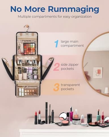 BAGSMART Hanging Travel Toiletry Bag, Large Capacity Water-resistant Cosmetic Organizer with Handle for Brushes Accessories, Black - Image 2