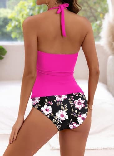 B2prity Halter Tankini Swimsuit for Women Tummy Control Two Piece Bathing Suit V Neck Swimwear with Shorts - Image 3
